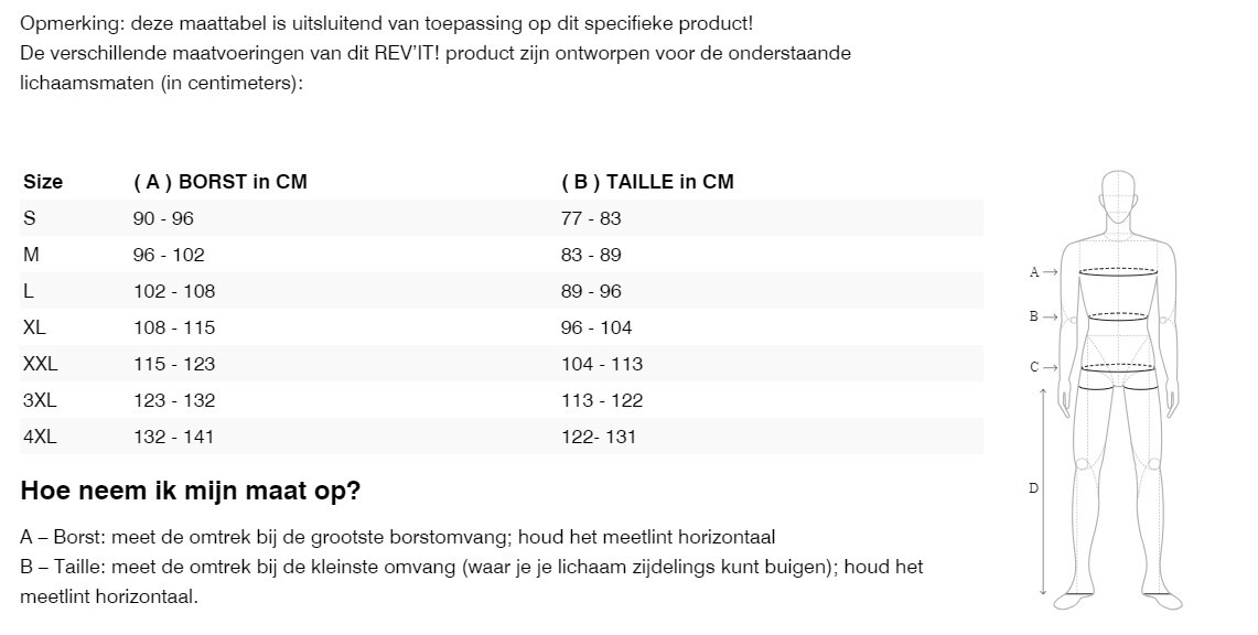 Foto: Size chart REV'IT!