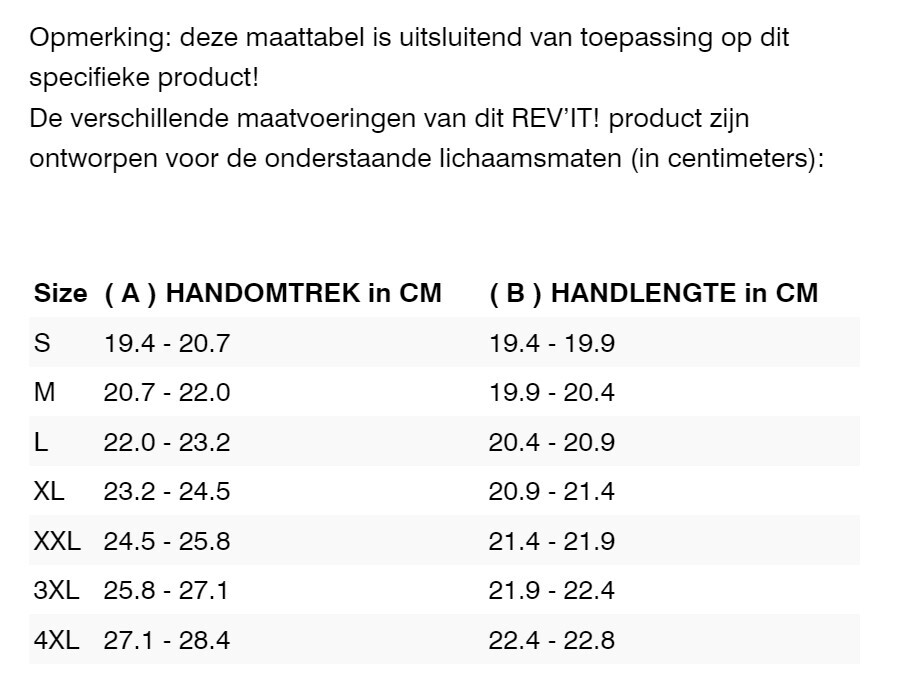 Foto: Size chart REV'IT!