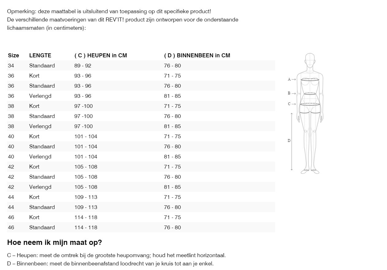 Foto: Size chart REV'IT!