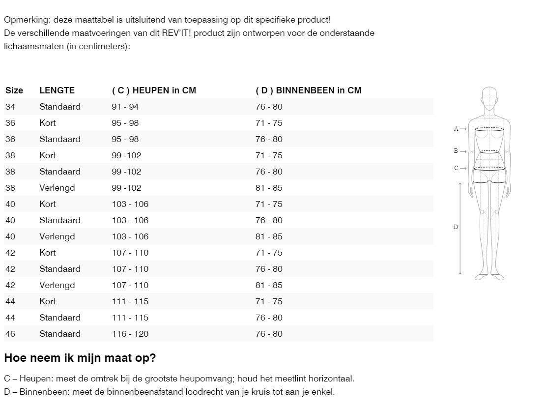 Foto: Size chart REV'IT!