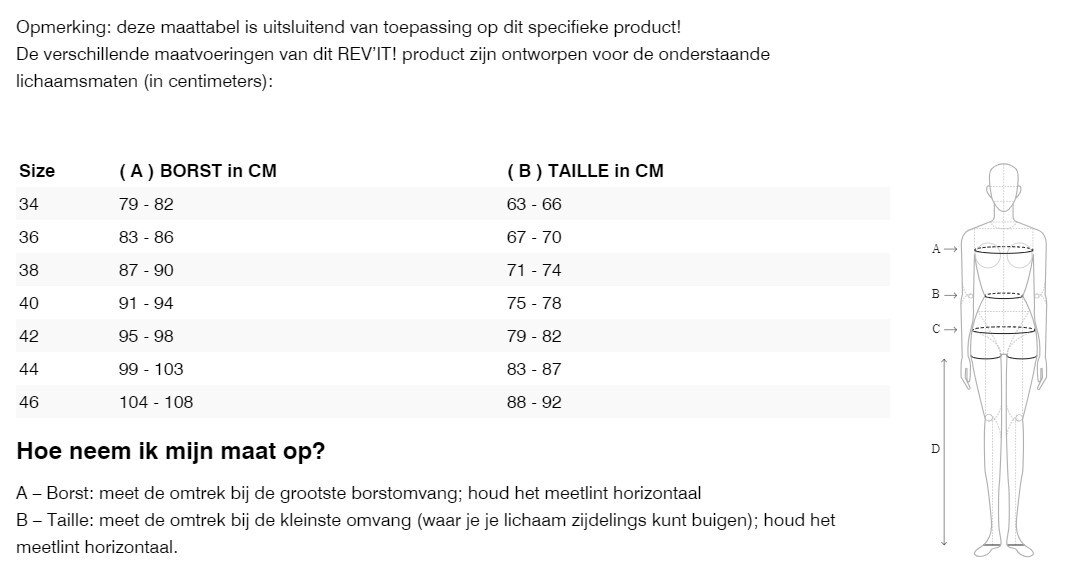 Foto: Size chart REV'IT!