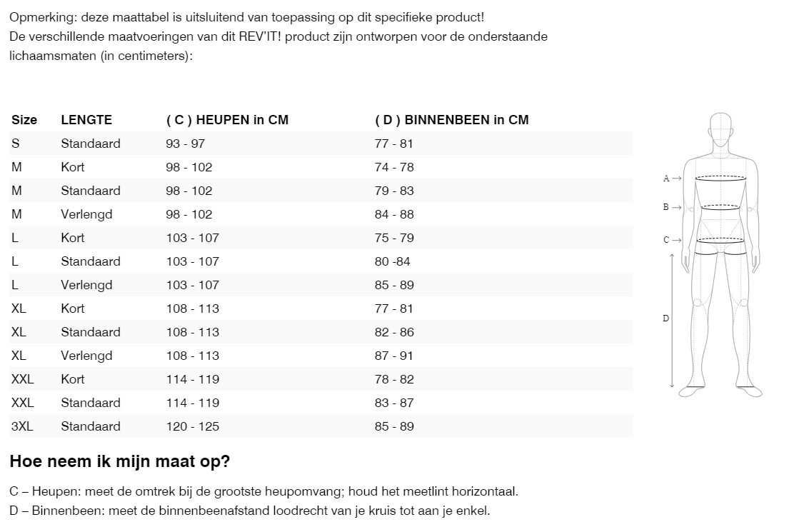 Foto: Size chart REV'IT!