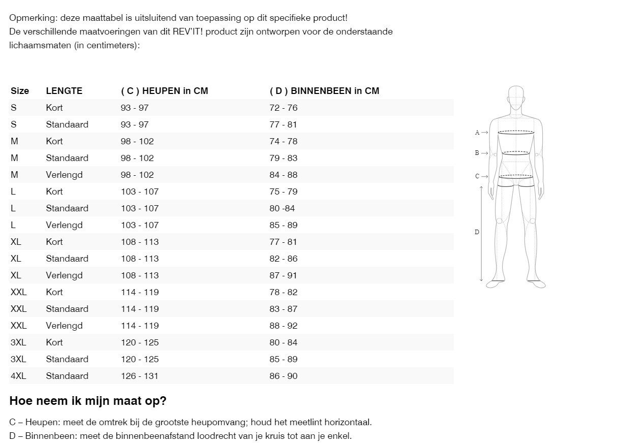 Foto: Size chart REV'IT!